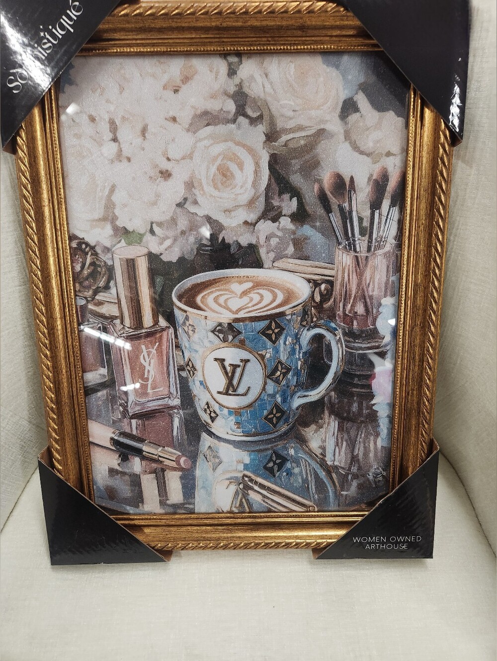 Gold Framed Floral & Coffee Lux Logo Art Print Acrylic Glass Cover Wall Decor